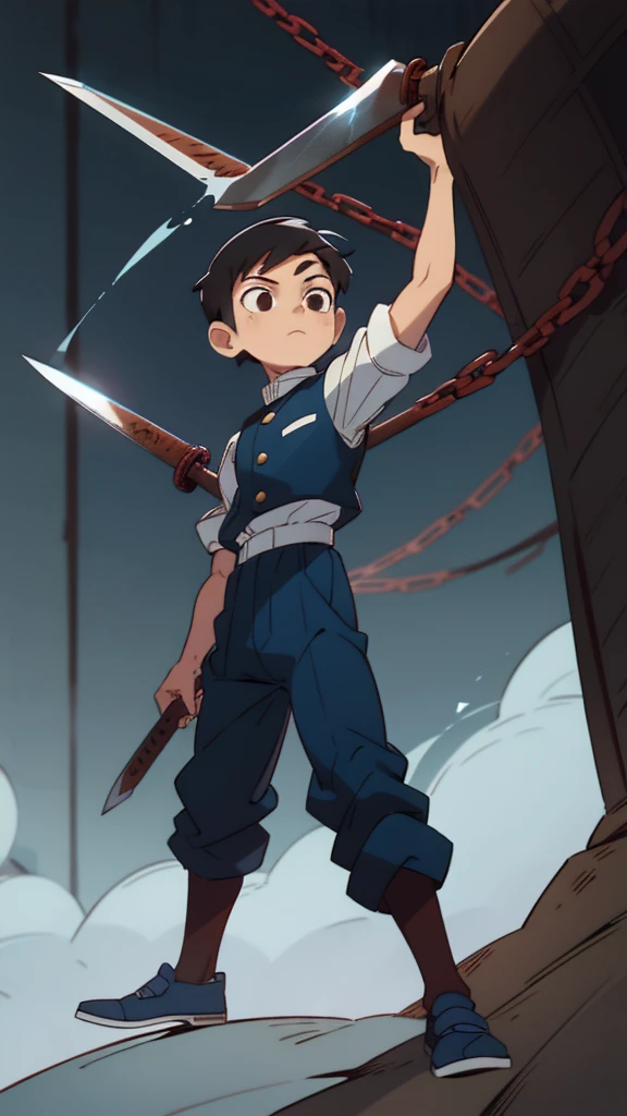 A young, adventurous boy with short hair, a white cut, and his brown eye, wears a suit of blacksmith armor and long black pants, blue shoes, and carries two rusty metal swords that are mega sharp. 