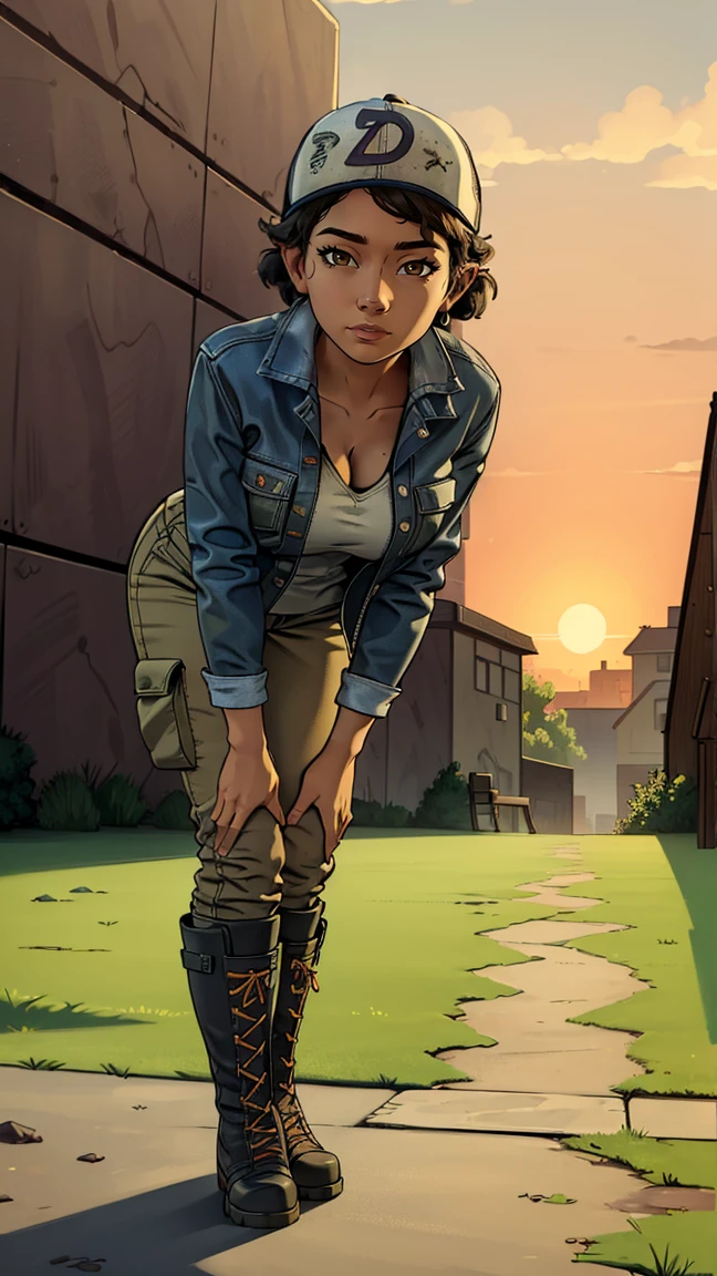 ((masterpiece, best quality)),(complex lighting) ,solo,(((1girl))) ,clementine, light skin,light-skinned female, baseball cap, green cargo pants, brown eyes, tight pants, combat boots, shirt, short hair, one short ponytail, open denim jacket, huge butt, thicc butt , (((8k))), (((full body))), (((bent over))), (((looking at the viewer))), (((view from in front of her))), big breasts