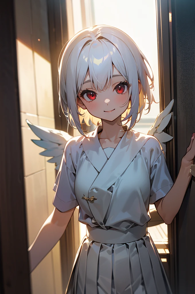 ((masterpiece,Highest quality, High resolution)), One girl, alone, Red eyes, Short white hair, smile, , White Seraphim, Short sleeve, White pleated skirt, (In the alley), Dramatic Light, afternoon light through the window, afternoon, Bokeh effect