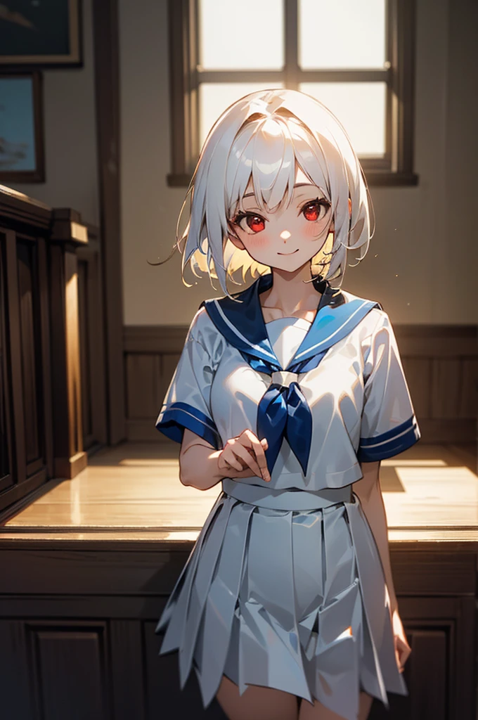 ((masterpiece,Highest quality, High resolution)), One girl, alone, Red eyes, Short white hair, smile, Sailor suit, White Seraphim, Short sleeve, White pleated skirt, (alley), Dramatic Light, afternoon light through the window, afternoon, Bokeh effect