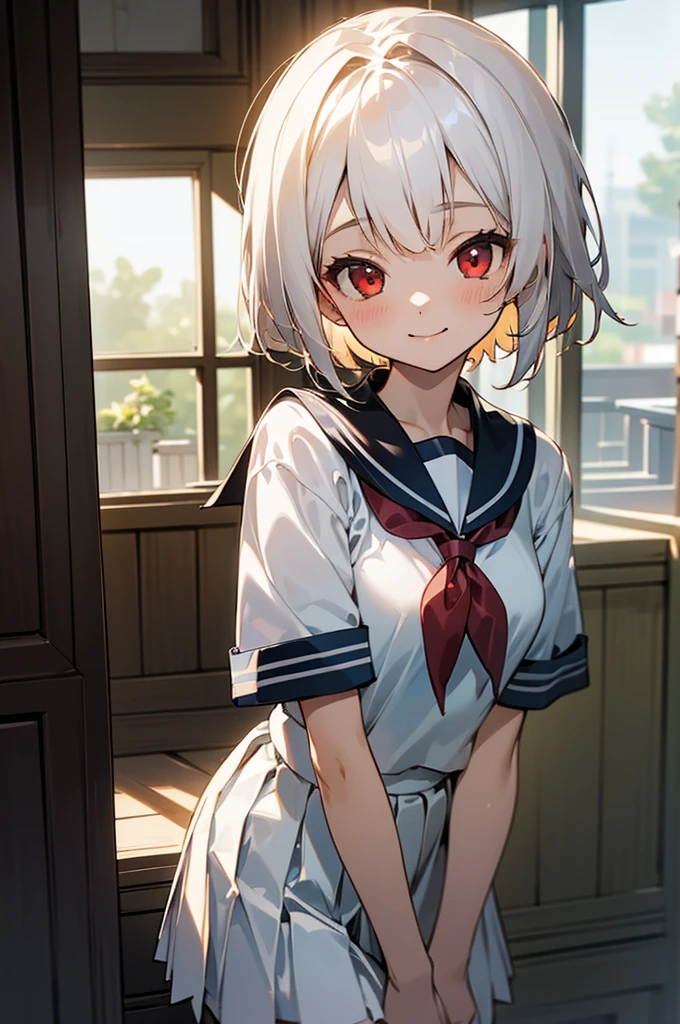 ((masterpiece,Highest quality, High resolution)), One girl, alone, Red eyes, Short white hair, smile, Sailor suit, White Seraphim, Short sleeve, White pleated skirt, (alley), Dramatic Light, afternoon light through the window, afternoon, Bokeh effect