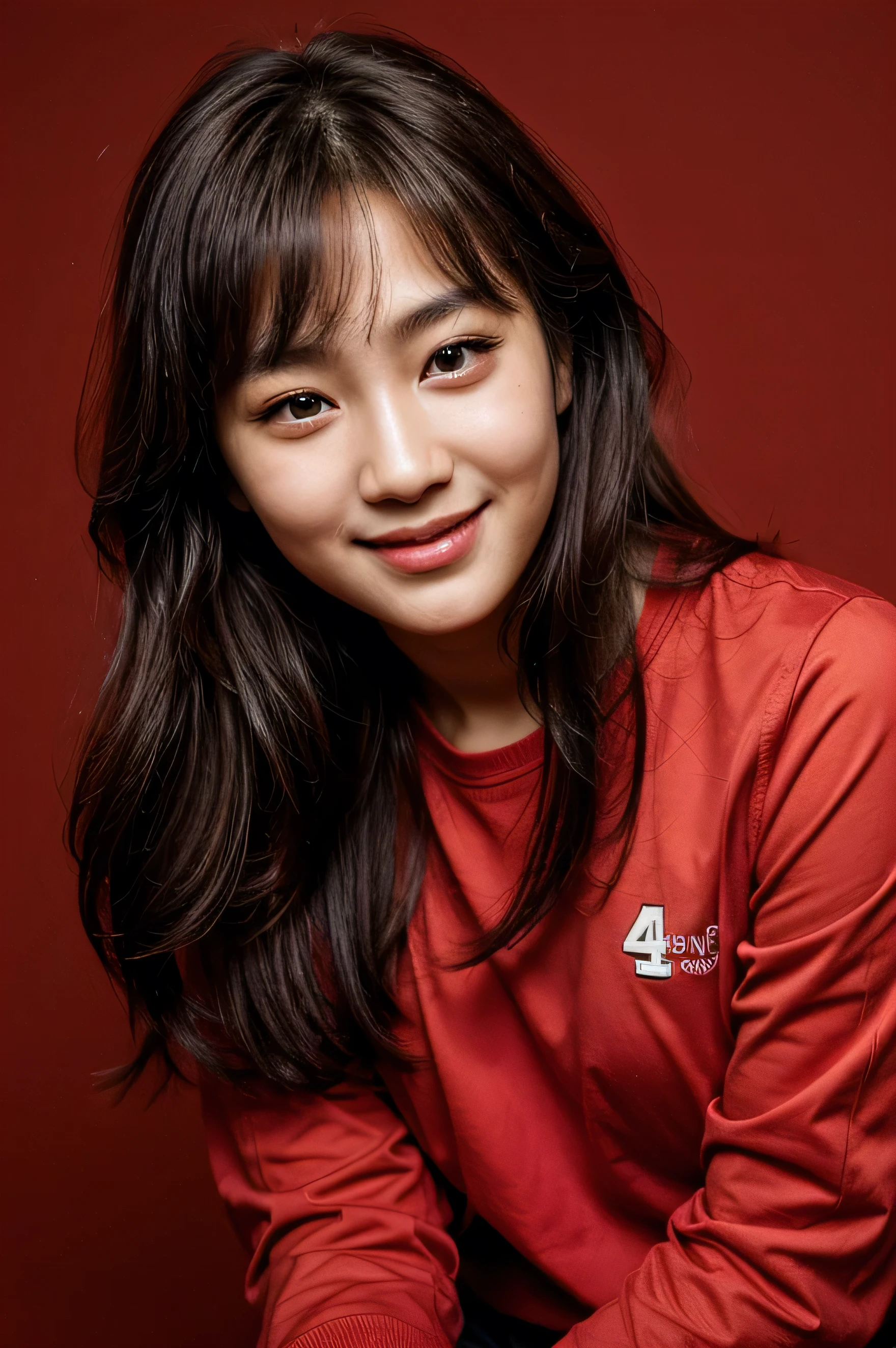 cara perfecta, hermoso rostro de una coreana de 14 años , sonriendo hermoso,en fondo rojo
