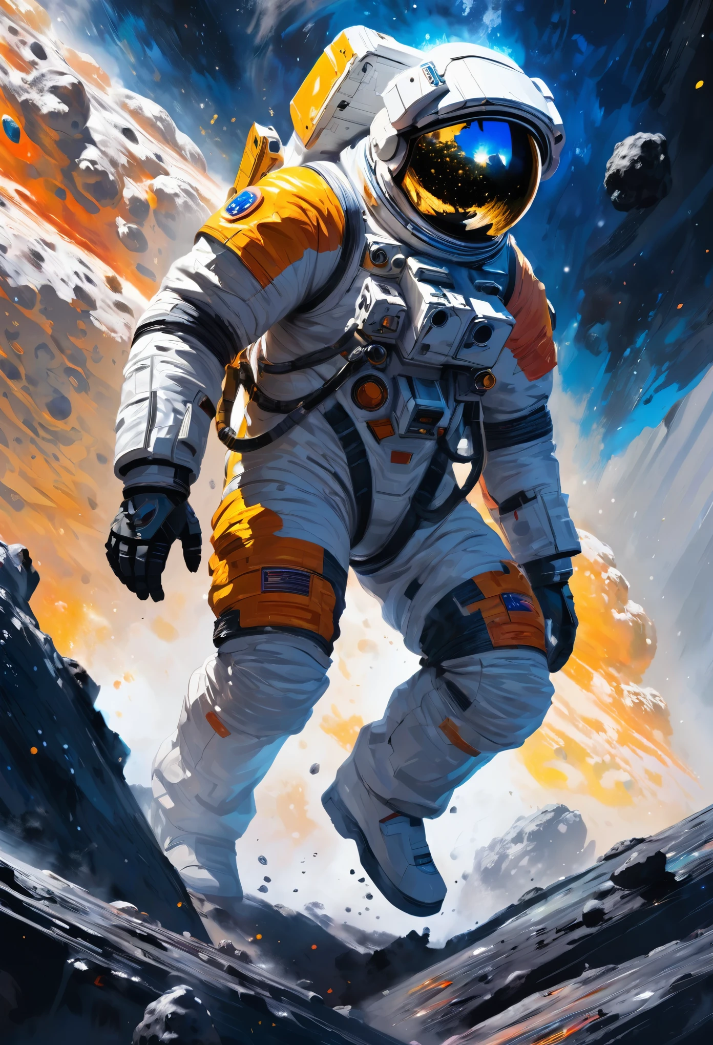 astronauta,  escalando o asteroide,  renderização de personagem, modelo de ultra alta qualidade, fundo etéreo, beleza abstrata, volumétrico explosivo, pintura a óleo, golpes pesados, tinta pingando