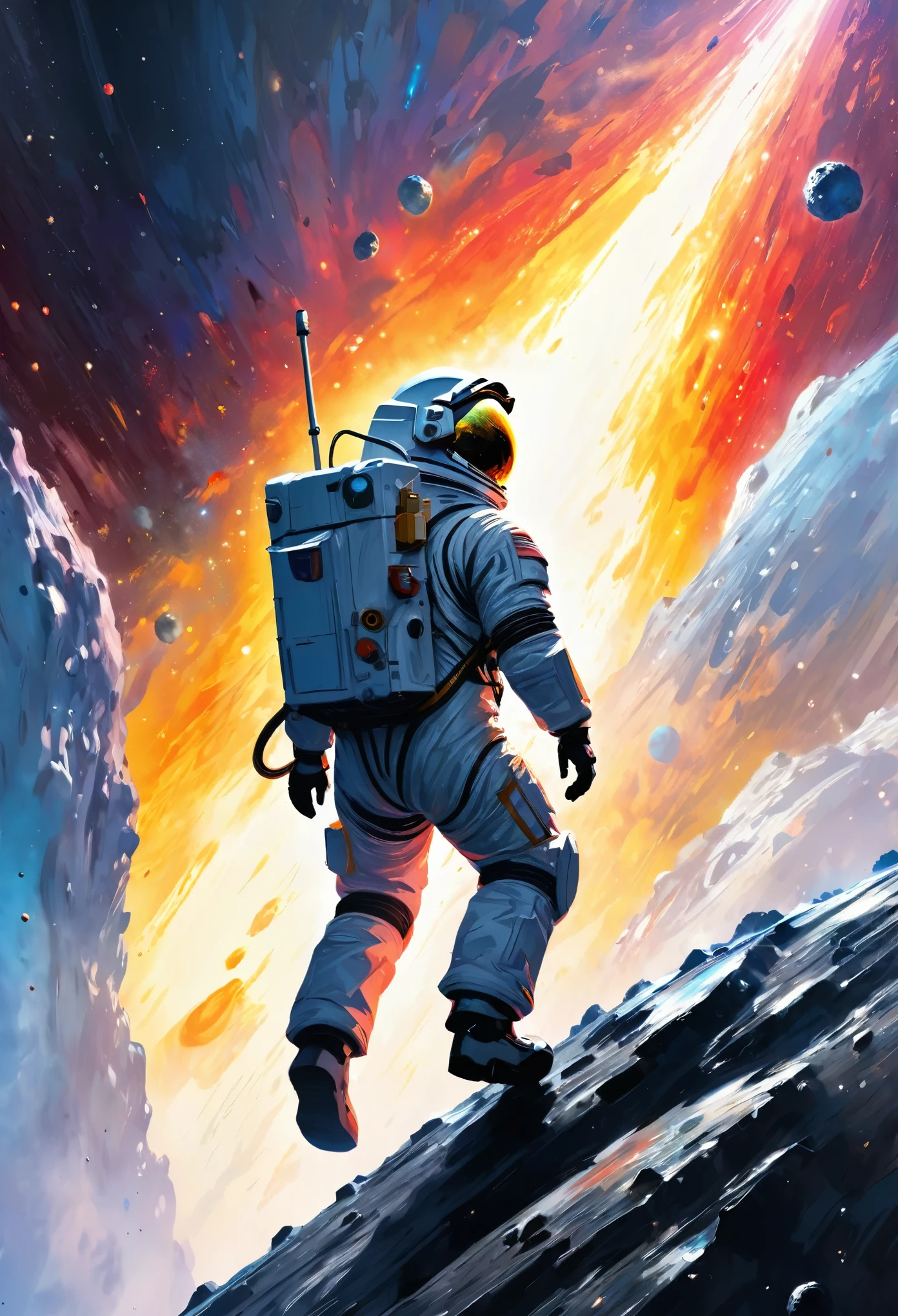 Astronaut,  den Asteroiden besteigen,  Charakter-Rendering, Modell von extrem hoher Qualität, ätherischer Hintergrund, abstrakte Schönheit, explosive volumetrische, Ölgemälde, Schwere Schläge, Farbe tropft