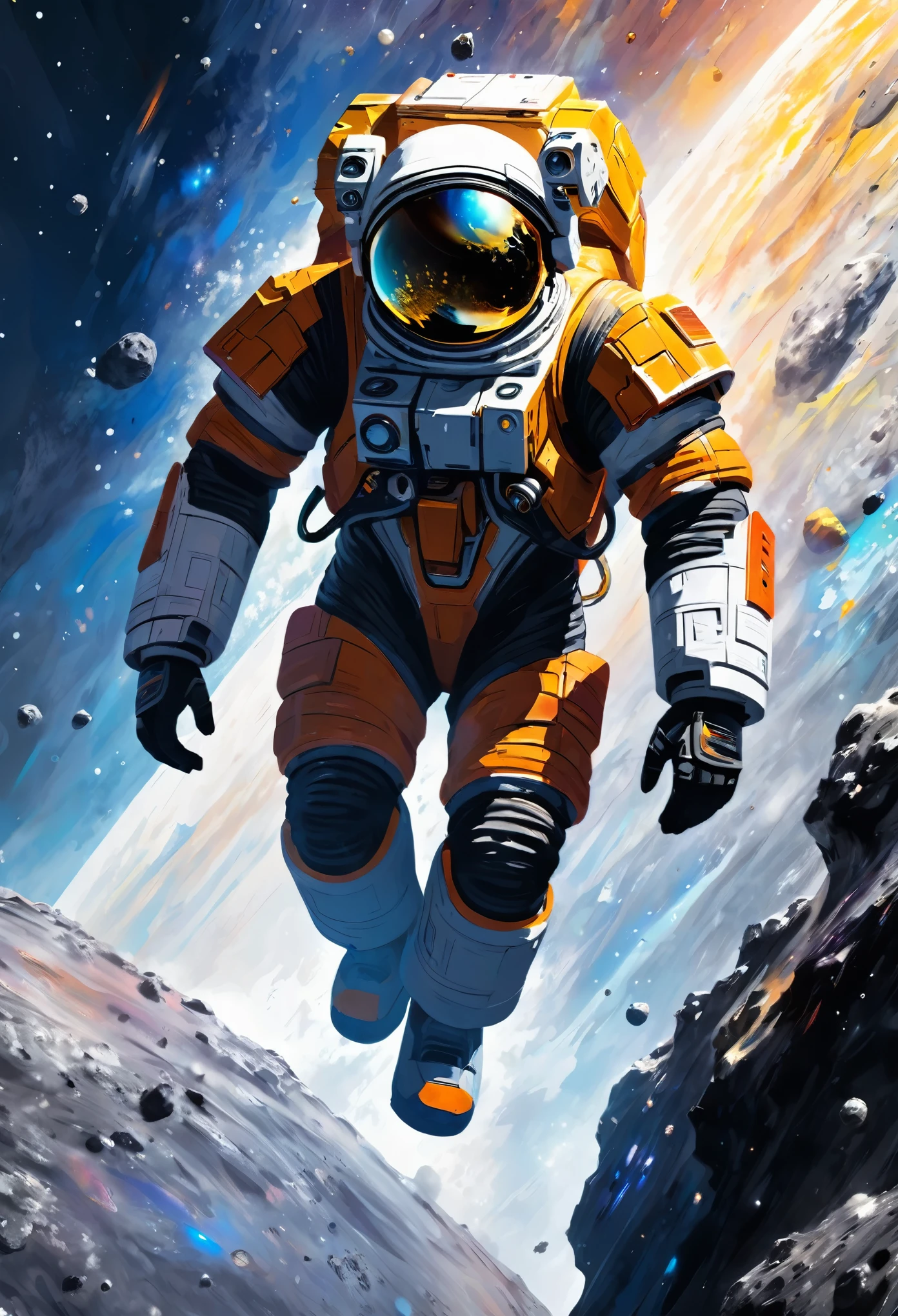 astronauta,  escalando o asteroide,  renderização de personagem, modelo de ultra alta qualidade, fundo etéreo, beleza abstrata, volumétrico explosivo, pintura a óleo, golpes pesados, tinta pingando