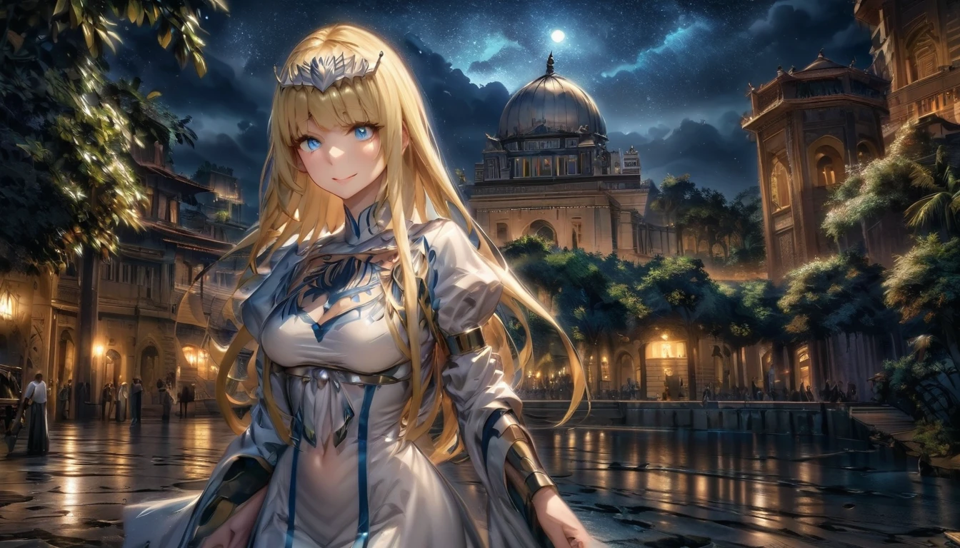 Very detailed, height, nonsense, HDR, Women's singles, 25 years old, night time, ancient city, smile,, 1 girl, alone, Calcutta, Calcutta Bessarez, blonde hair, (My hair is very long.:1.3), My hair is very long., white crown, white dress, blue eyes, Medium bust, My hair is very long., medium sized breast, Yellow hair color, smooth, blunt bang