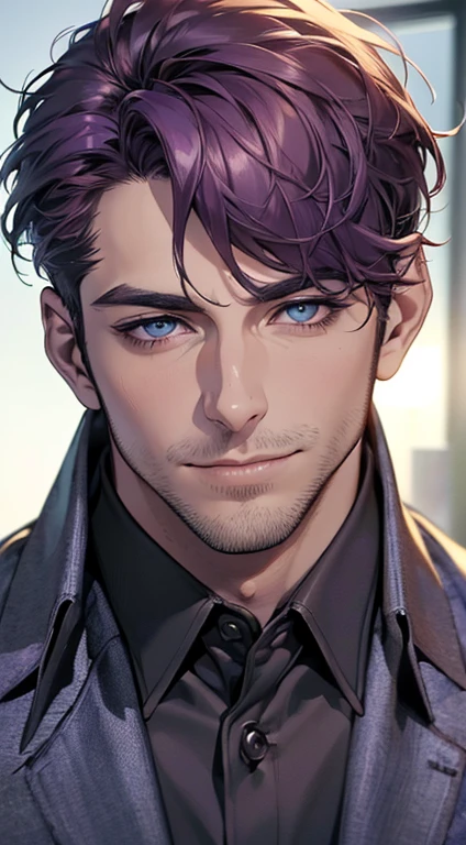 (best quality,4k,8k,highres,masterpiece:1.2),ultra-detailed,(realistic,photorealistic,photo-realistic:1.37),1 man,31 years old,mature man,very handsome,without expression,smile,short purple hair,blue eyes,penetrating gaze,perfect face without errors,imposing posture,businessman,office background,cinematic lighting,hdr image