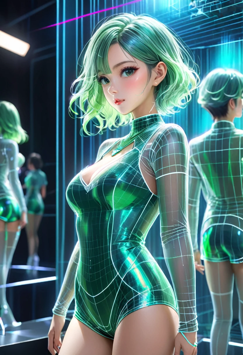 One race queen girl is posing sexy in front of the camera, the girl has short white wavy hair,The girls are cute, glamorous, and have an active atmosphere.She wears hair with a hologram effect on her hair.A champagne green short-sleeved, cool-neck bodysuit with a hologram effect, Many sponsor logos,a heart-shaped hole on the chest, and white trim on the heart-shaped hole.Her breasts are full and you can see her cleavage through the hole.She is wearing champagne green shorts with a hologram effect.Heart mark on the butt Hole, heart mark with white border,Her butt is cute and you can see it through the hole.She wears emerald green enamel-like long boots,She poses sexyly, showing her back to the camera and combing her hair, looking at the camera.The background of the stands with a large number of spectators at the circuit,The cute depiction of the girl, the texture of her skin, the beautiful depiction of her hair and the beauty of her waves, the luster and luster of her suit, and the hologram effect are strongly expressed.back view, (High quality, high definition, 4k, 8k, masterpiece: 1.2)ultra-definition、noc-wfhlgr、3dCG concept art.Ultra-fine painting, cinematic lighting, professional, high-performance camera resolution,SDXL