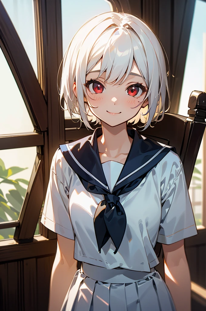 ((masterpiece,Highest quality, High resolution)), One girl, alone, Red eyes, Short white hair, smile, Sailor suit, White Seraphim, Short sleeve, White pleated skirt, (Cute illustrations:1.2), Dramatic Light, afternoon light through the window, afternoon, Bokeh effect