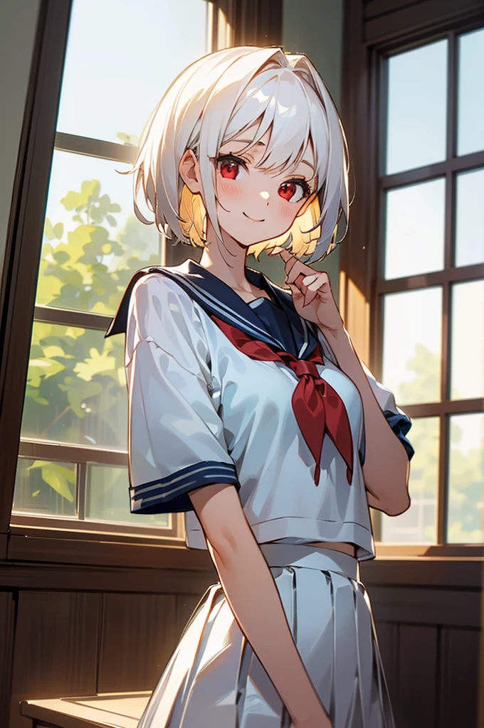 ((masterpiece,Highest quality, High resolution)), One girl, alone, Red eyes, Short white hair, smile, Sailor suit, White Seraphim, Short sleeve, White pleated skirt, (Cute illustrations:1.2), Dramatic Light, afternoon light through the window, afternoon, Bokeh effect