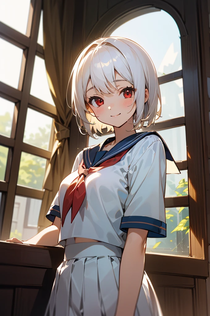 ((masterpiece,Highest quality, High resolution)), One girl, alone, Red eyes, Short white hair, smile, Sailor suit, White Seraphim, Short sleeve, White pleated skirt, (Cute illustrations:1.2), (In town), Dramatic Light, afternoon light through the window, afternoon, Bokeh effect