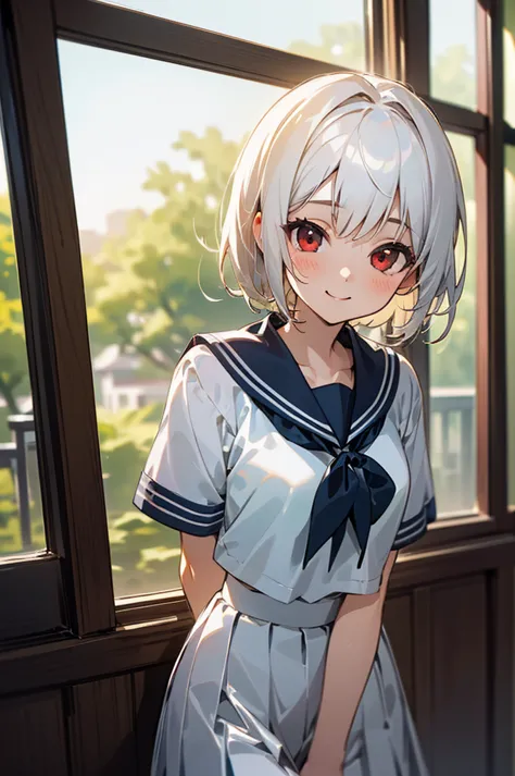 ((masterpiece,Highest quality, High resolution)), One girl, alone, Red eyes, Short white hair, smile, Sailor suit, White Seraphi...