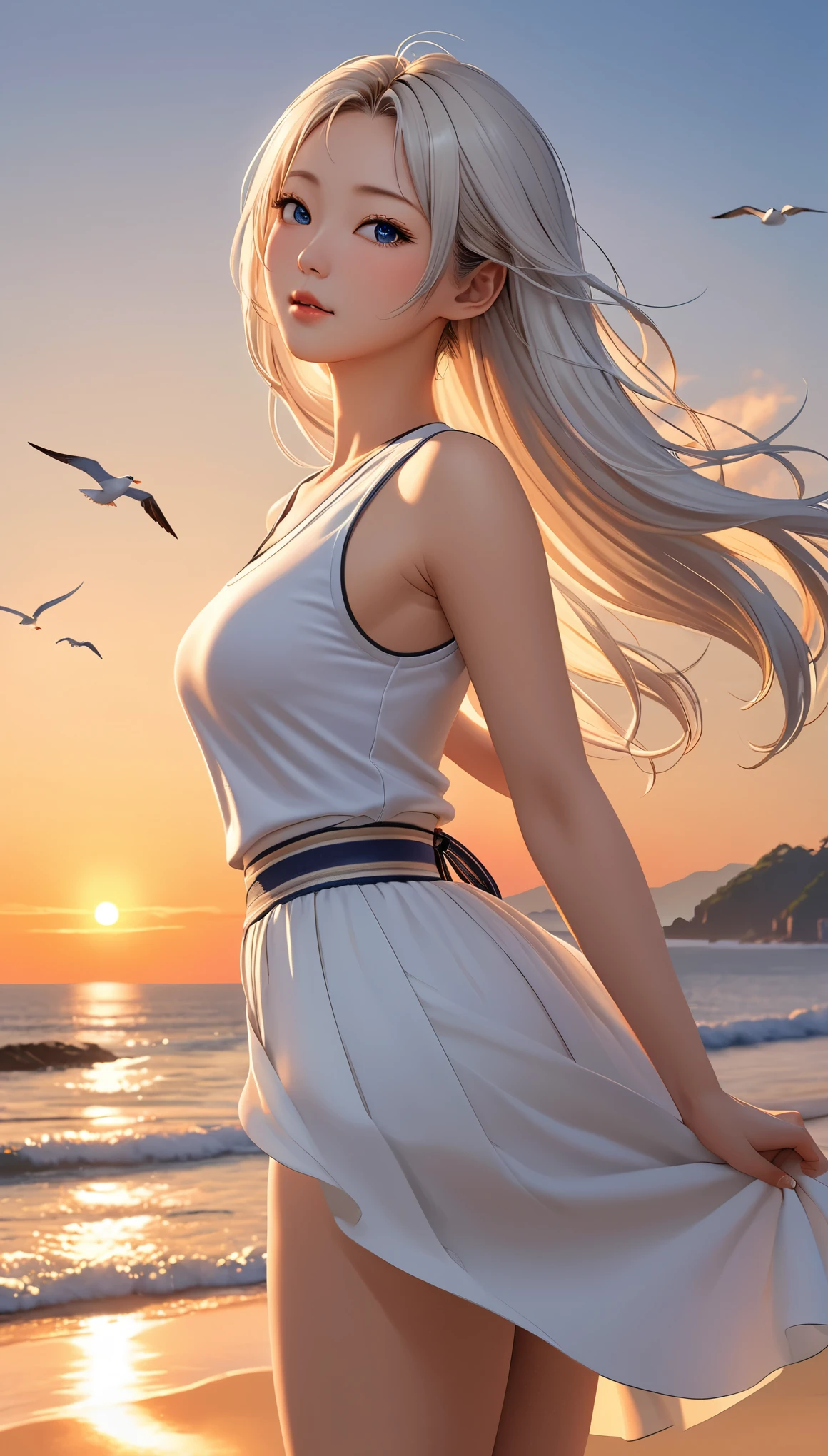 Highest quality, Super quality, 16K, Incredibly absurd, Very detailed, 2.5D, delicate and dynamic, blue sky, Calm sea, Sandy Beach, Sunset, sunset, Enoshima, seabird, Small face, Extremely delicate facial expression, Delicate eye depiction, Extremely detailed hair, Upper body close-up, erotic, sole sexy Japanese lady, healthy shaped body, 22 years old lady, student,  huge firm bouncing busts, white silver long hair, sexy long legs, Glowing Skin, Soft Skin, Sleeveless white T-shirt, brown long skirt, barefoot, Standing backwards, Turn to the camera