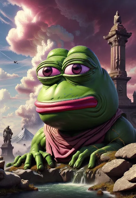 hyperrealistic art bj_sacred_beast, pink pepe_frog,outdoors,sky,day,cloud,water,blue_sky,no_humans,cloudy_sky,building,scenery,r...