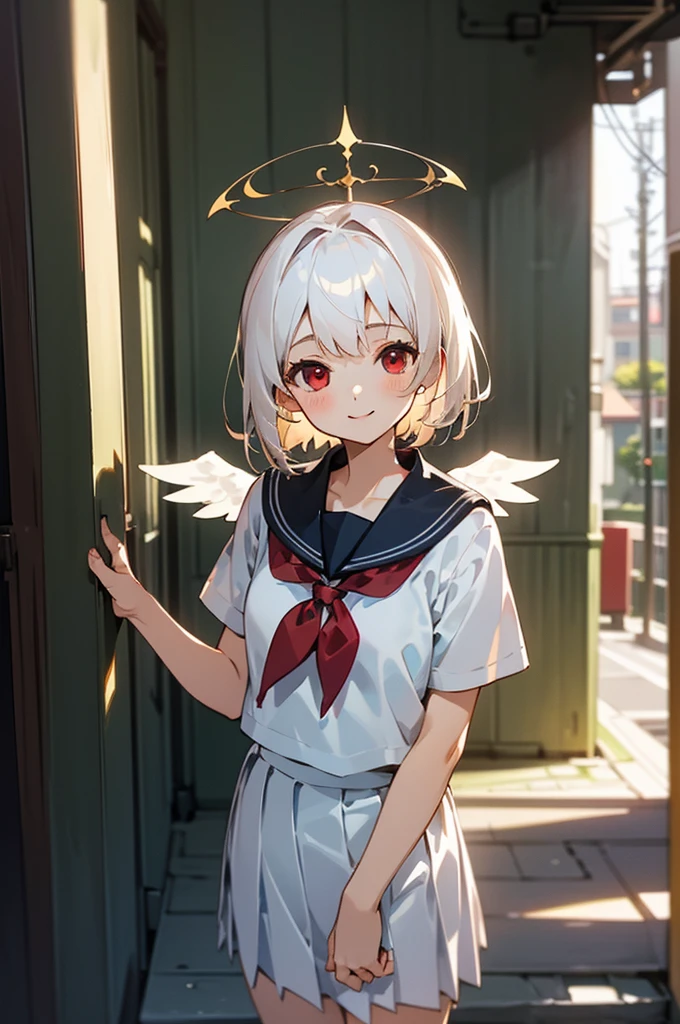 ((masterpiece,Highest quality, High resolution)), One girl, alone, Red eyes, Short white hair, smile, Sailor suit, White Seraphim, Short sleeve, White pleated skirt, (Cute illustrations:1.2), (alley), Dramatic Light, afternoon, Bokeh effect