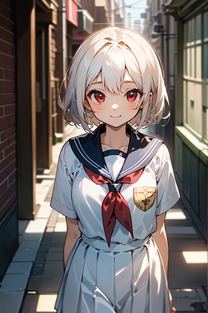 ((masterpiece,Highest quality, High resolution)), One girl, alone, Red eyes, Short white hair, smile, Sailor suit, White Seraphim, Short sleeve, White pleated skirt, (Cute illustrations:1.2), (alley), Dramatic Light, afternoon, Bokeh effect