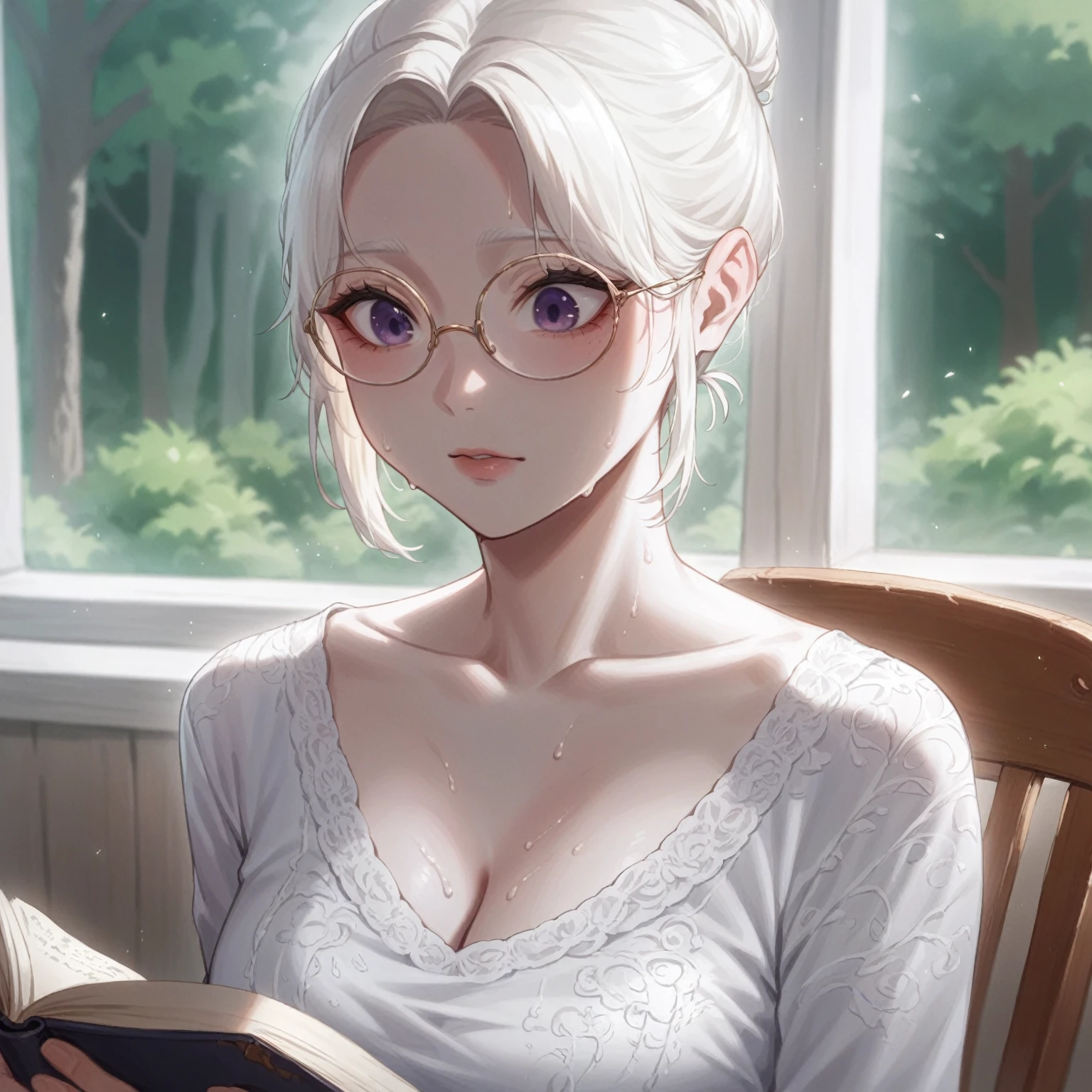 Sweaty, korean, milky white tender and glossy skin, deep violet eyes, albino, beautiful 39  years old female, tender delicate cute narrow face, neat and straight platinum blonde hair, wearing white casual clothes jewelry and glasses, sitting on chair by the window in bedroom of house in a forest reading a book