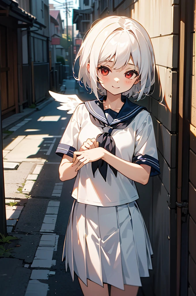 ((masterpiece,Highest quality, High resolution)), One girl, alone, Red eyes, Short white hair, smile, Sailor suit, White Seraphim, Short sleeve, White pleated skirt, (Cute illustrations:1.2), (alley), Dramatic Light, afternoon, Bokeh effect