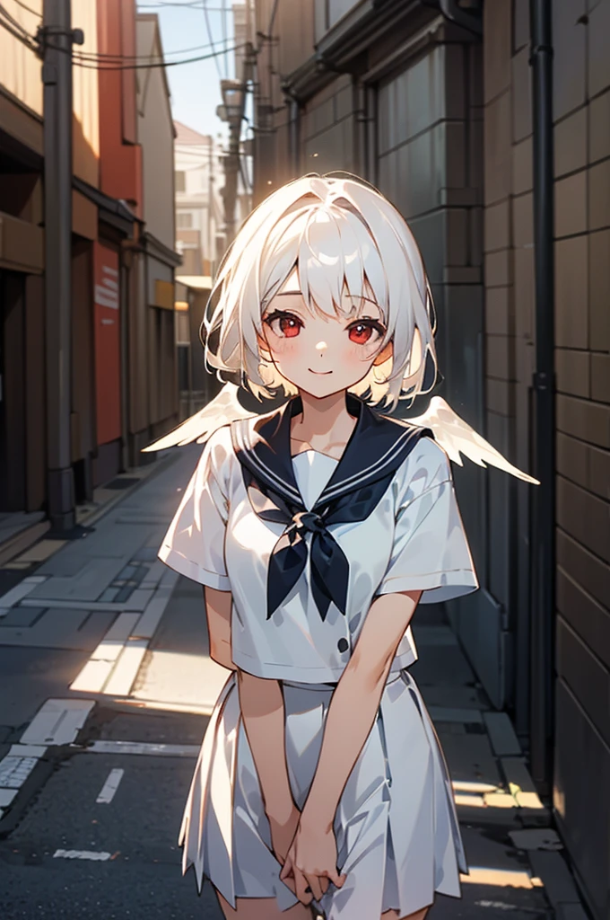 ((masterpiece,Highest quality, High resolution)), One girl, alone, Red eyes, Short white hair, smile, Sailor suit, White Seraphim, Short sleeve, White pleated skirt, (Cute illustrations:1.2), (alley), Dramatic Light, afternoon, Bokeh effect