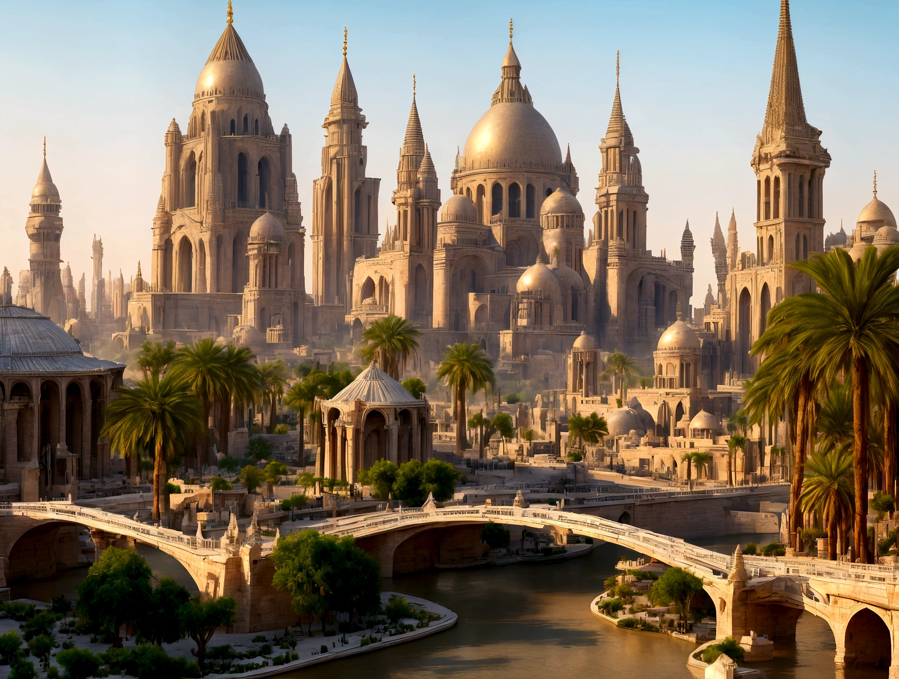 In the heart of the desert, ancient whispers echo through the gleaming spires of an shiny white city that defies time. The city is filled with beautiful intricate and interconnected canals and a lush vegetation, closeup view.