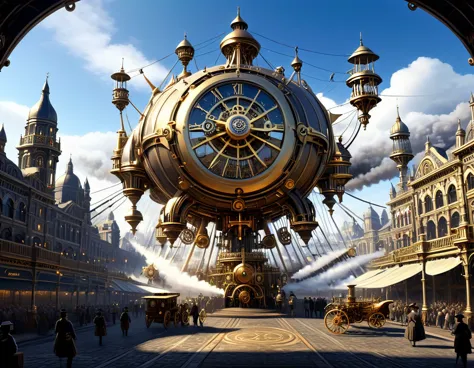 In a Victorian-era metropolis, a clockwork automaton, powered by steam and gears, stands at the center of a bustling marketplace...