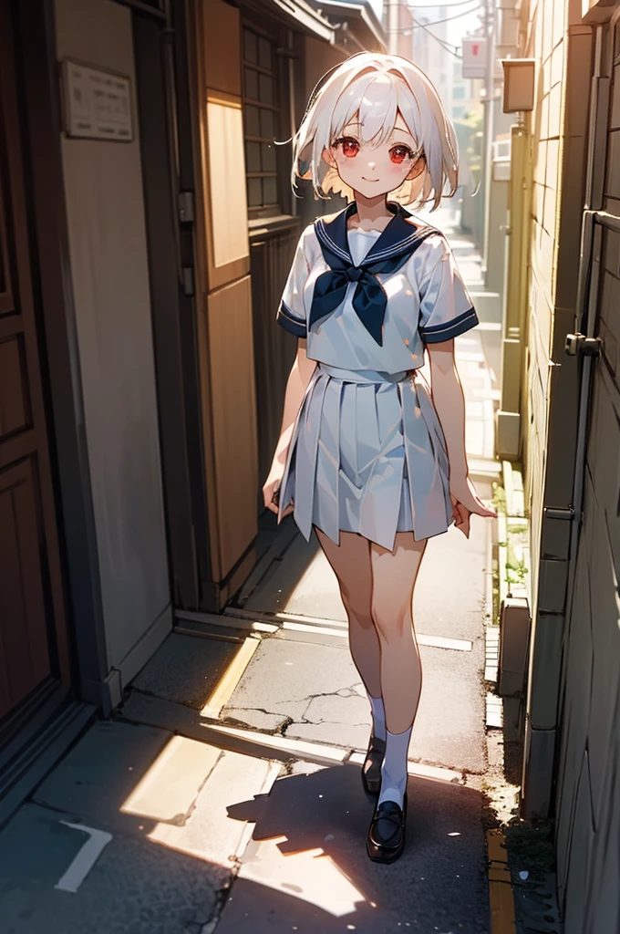 ((masterpiece,Highest quality, High resolution)), One girl, alone, Red eyes, Short white hair, smile, Sailor suit, Short sleeve, White pleated skirt, (Cute illustrations:1.2), (alley), Dramatic Light, afternoon, Bokeh effect