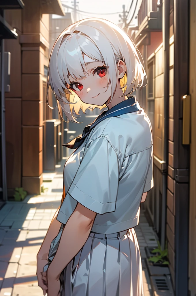 ((masterpiece,Highest quality, High resolution)), One girl, alone, Red eyes, Short white hair, smile, Sailor suit, Short sleeve, White pleated skirt, (Cute illustrations:1.2), (alley), Dramatic Light, afternoon, Bokeh effect