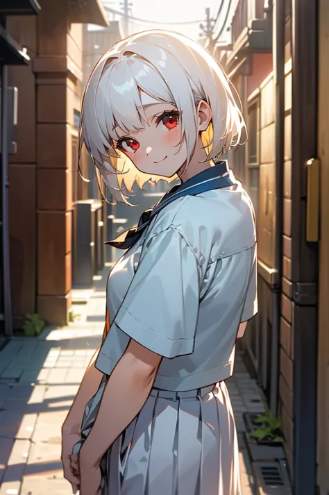 ((masterpiece,Highest quality, High resolution)), One girl, alone, Red eyes, Short white hair, smile, Sailor suit, Short sleeve,...