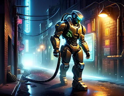 in a gritty cityscape, a trench-coated detective with a robotic arm investigates a dimly lit alley. neon signs cast long shadows...