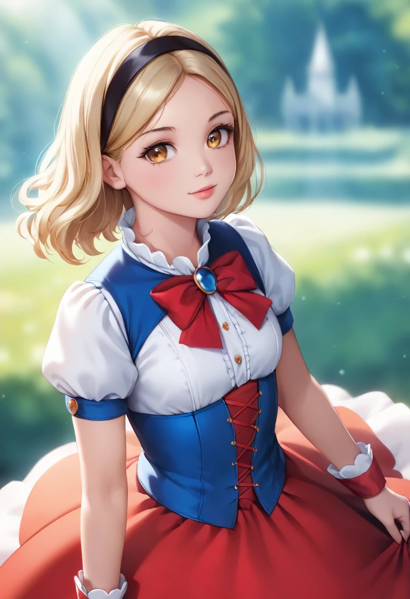 (Raw photo:1.2), (Photorealistic), Beautiful detailed girl, Very detailed eyes and face, Beautiful detailed amber eyes, Huge file size, High resolution, Very detailed, Best Quality, [masutepiece:1.6], Illustration, Very detailed, Fine detail, Best Quality, 8K Wallpaper, Movie Lighting,  girl in beautiful Snow White cosplay, Pretty amber eyes, medium cut wavy blonde hair, white skin,   body type, Yellow ruffled skirt, Dresses featuring red cuffs and collars, Red ribbons, Black headband, bright expression, large apples, Smaller chest,   Snow White Castle