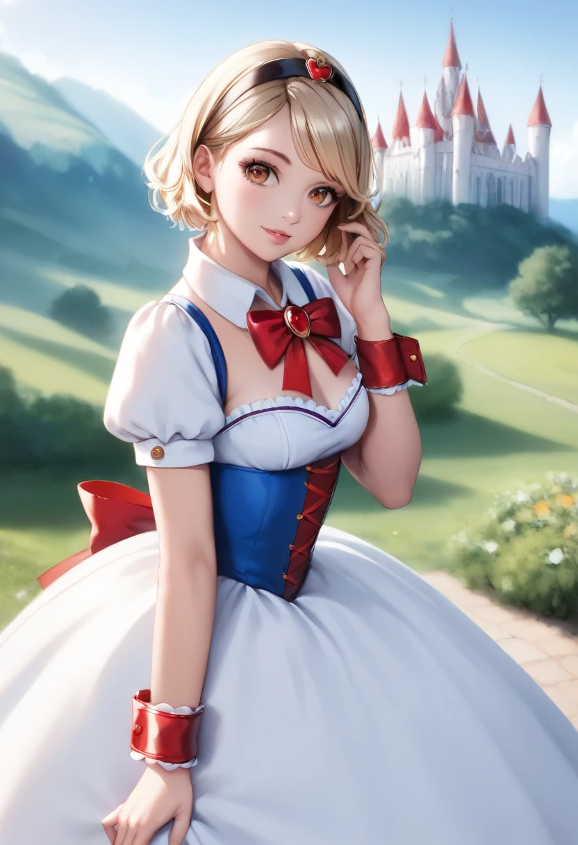 (Raw photo:1.2), (Photorealistic), Beautiful detailed girl, Very detailed eyes and face, Beautiful detailed amber eyes, Huge file size, High resolution, Very detailed, Best Quality, [masutepiece:1.6], Illustration, Very detailed, Fine detail, Best Quality, 8K Wallpaper, Movie Lighting,  girl in beautiful Snow White cosplay, Pretty amber eyes, medium cut wavy blonde hair, white skin,   body type, Yellow ruffled skirt, Dresses featuring red cuffs and collars, Red ribbons, Black headband, bright expression, large apples, Smaller chest,   Snow White Castle