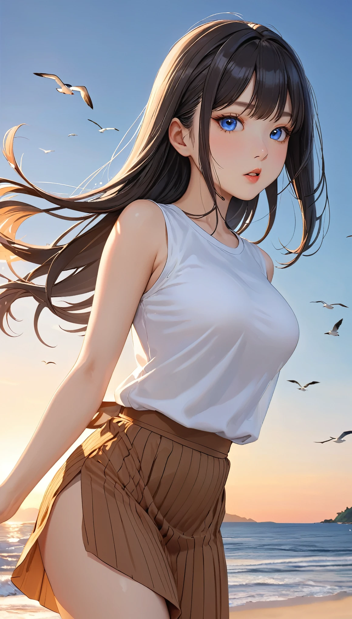 Highest quality, Super quality, 16K, Incredibly absurd, Very detailed, 2.5D, delicate and dynamic, blue sky, Calm sea, Sandy Beach, Sunset, sunset, Enoshima, seabird, Small face, Extremely delicate facial expression, Delicate eye depiction, Extremely detailed hair, Upper body close-up, erotic, sole sexy Japanese lady, healthy shaped body, 22 years old lady, student,  huge firm bouncing busts, white silver long hair, sexy long legs, Glowing Skin, Soft Skin, Sleeveless white T-shirt, brown long skirt, barefoot, Are standing, Blow a kiss to the camera