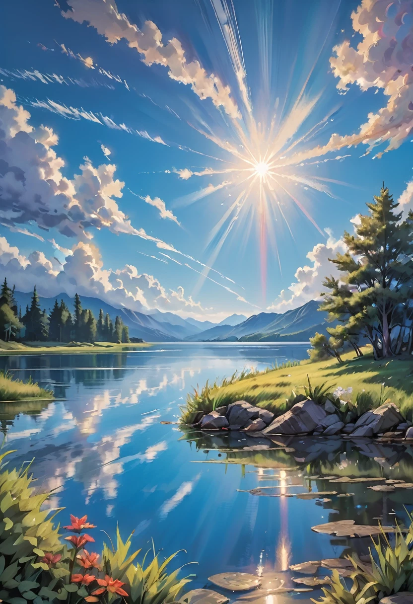 a beautiful, serene landscape with clouds drifting across a vivid blue sky, sun rays filtering through and reflecting on the calm waters of a lake below, shooting stars streaking across the sky in the distance, a captivating and breathtaking natural scene filled with vibrant colors and details