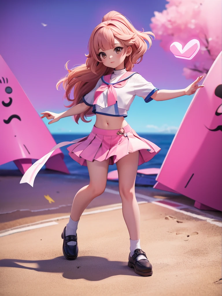 Seizo Watase style, Simple Line Initialism，Abstract art, 3d character, colorful hearts ,(((The most beautiful girl of all time))),  (full body 1.2), only girl, long hair, sea background, 18 year old, full body, (((8k))), ((3d))), pink code, 3 hole crop top, brown light hair, turtleneck, bangs parted to the sides hair, 