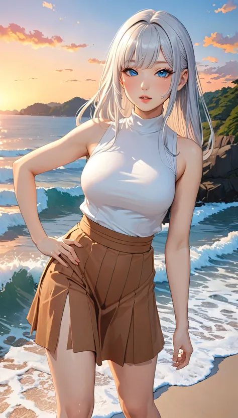 Highest quality, Super quality, 16K, Incredibly absurd, Very detailed, 2.5D, delicate and dynamic, blue sky, Calm sea, Sandy Beach, Sunset, sunset, Enoshima, , Small face, Extremely delicate facial expression, Delicate eye depiction, Extremely detailed hair, Upper body close-up, erotic, sole sexy Japanese lady, healthy shaped body, 22 years old lady, student,  huge firm bouncing busts, white silver long hair, sexy long legs, Glowing Skin, Soft Skin, Sleeveless white T-shirt, brown long skirt, barefoot, Are standing, Blow a kiss to the camera