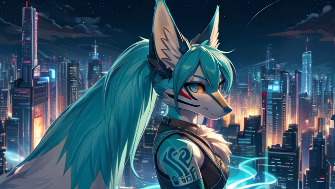 Miku Hatsune, add high definition_detail:1, blue fur,kitsune ears, tribal tattoo add_detail:1, apocalipsis city landscape, kitsune mask