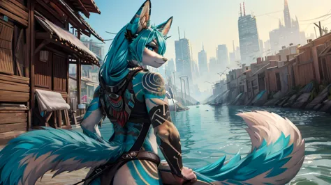Miku Hatsune, add high definition_detail:1, blue fur,kitsune ears, tribal tattoo add_detail:1, apocalipsis city landscape 