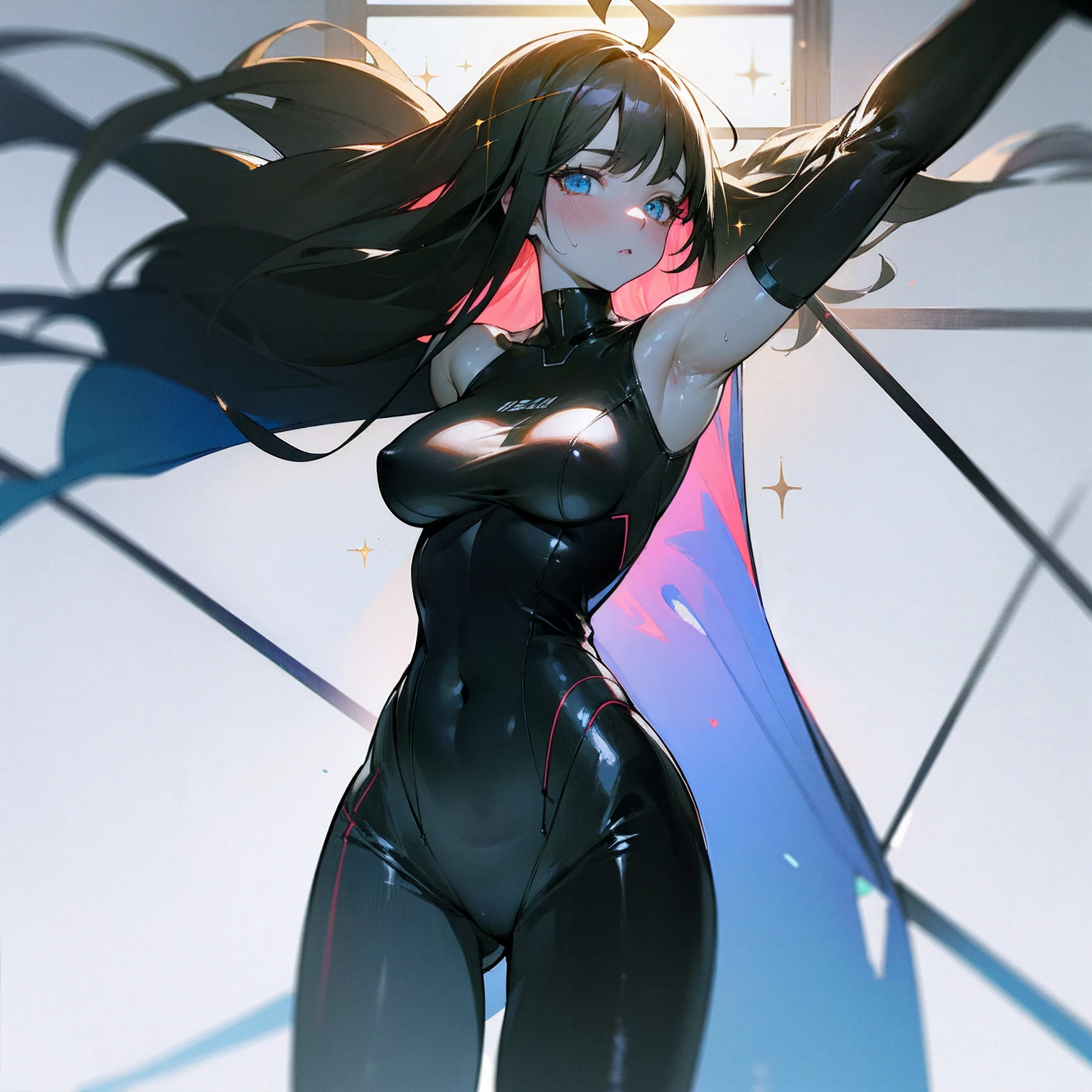 echanis_enicha, simple background, incredible high-key lighting, masterpiece, high quality, ambient soft lighting, 4K, 1girl, alternate breast size, belly, breasts, big breasts, glowing, long hair, feathered bangs, bangs, feathered hair, navel, solo, stretching, arms raised, hands behind head, armpits, futuristic, pale skin, (gleaming skin), (sweating), (heavy breathing), thick, curvy, bodysuit, sleek bodysuit, techsuit, ahoge, looking at viewer, thigh highs, thigh strap, skindentation, ((transparent clothes)), navel, ((navel window)), tight, translucent antennae, casual stance, android, artificial humanoid, underboob, boob window, ((brilliant eye)), ((sparkling eye)), skinkintight, asymmetrical clothes, best quality, realistic, absurdres, perfect shadows and lighting,