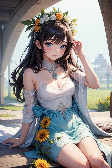 ((best quality)), ((masterpiece)), (detailed), perfect facea drawing of a girl with a flower crown and ผมยาว wearing some เครื่อ...