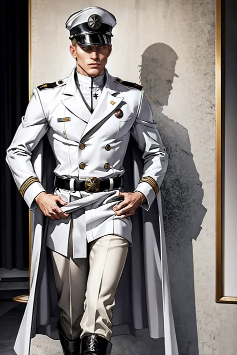 naughty man, straight and short blonde hair, wearing a white military uniform, double button coat, short cape over the shoulders...