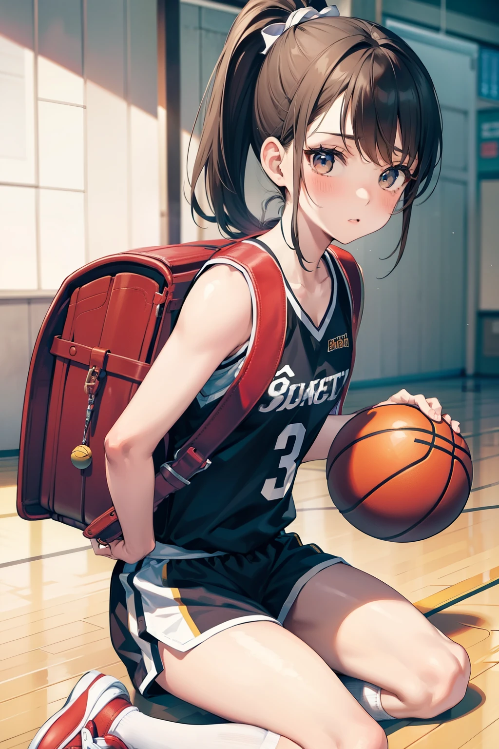 Masterpiece, hd, realistic, 1girl, brown hair, ponytail, wear basketball team tanktop, basketball shortpants, white socks, basketball shoes, indoor, basketball court, basketball, wearing red backpack, (backpack:1.0)