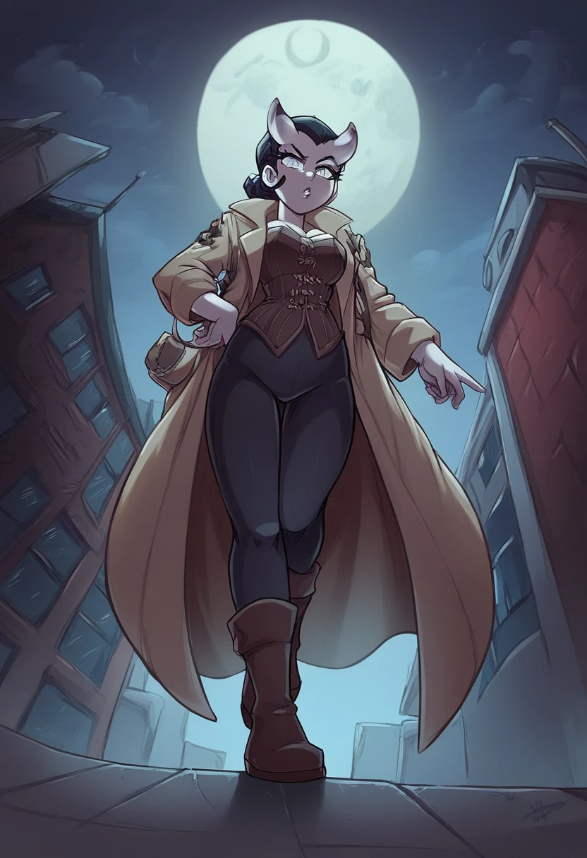 /imagine prompt: A woman appearing to be 30 years old, of European descent, with pale white skin, black hair, gray eyes, dressed in a long burgundy trench coat, corset, tight pants, and long boots, portraying a demon hunter brandishing a massive sword in a battle pose. The backdrop showcases a city at night from an elevated perspective, with the full moon illuminating the scene, creating a sense of drama and intrigue, Illustration, using digital art techniques to emphasize the contrast between the hunter and the urban nocturnal setting, --ar 16:9 --v 5