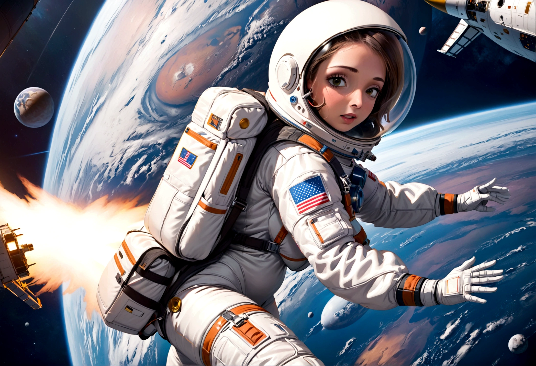 An astronaut in a 80s style space suit with maneuvering thruster backpack, is outside a space shuttle, an alien has left its spaceship and flies toward astronaut
