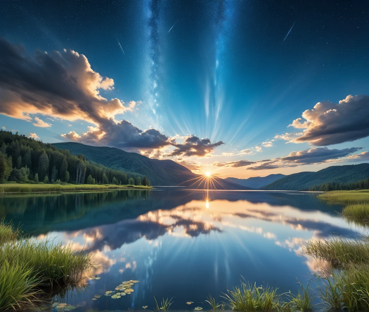 a beautiful, serene landscape with clouds drifting across a vivid blue sky, sun rays filtering through and reflecting on the calm waters of a lake below, shooting stars streaking across the sky in the distance, a captivating and breathtaking natural scene filled with vibrant colors and details