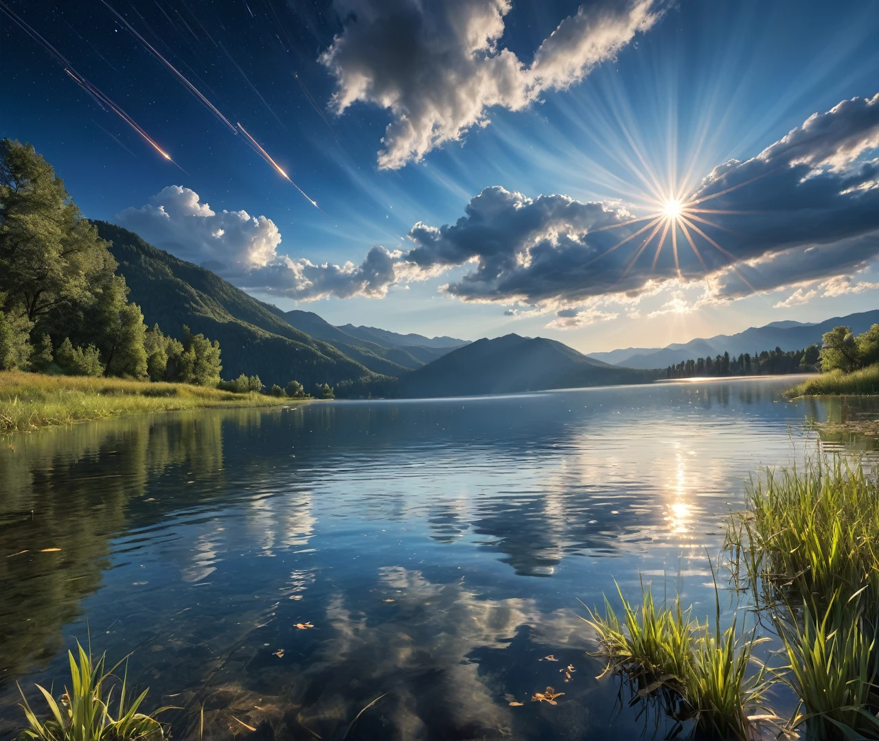 a beautiful, serene landscape with clouds drifting across a vivid blue sky, sun rays filtering through and reflecting on the calm waters of a lake below, shooting stars streaking across the sky in the distance, a captivating and breathtaking natural scene filled with vibrant colors and details