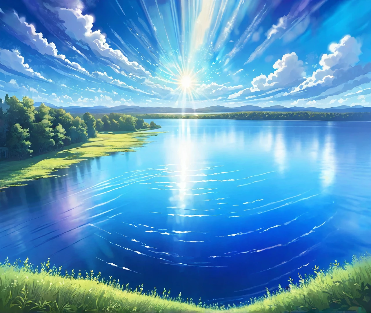 a beautiful, serene landscape with clouds drifting across a vivid blue sky, sun rays filtering through and reflecting on the calm waters of a lake below, shooting stars streaking across the sky in the distance, a captivating and breathtaking natural scene filled with vibrant colors and details