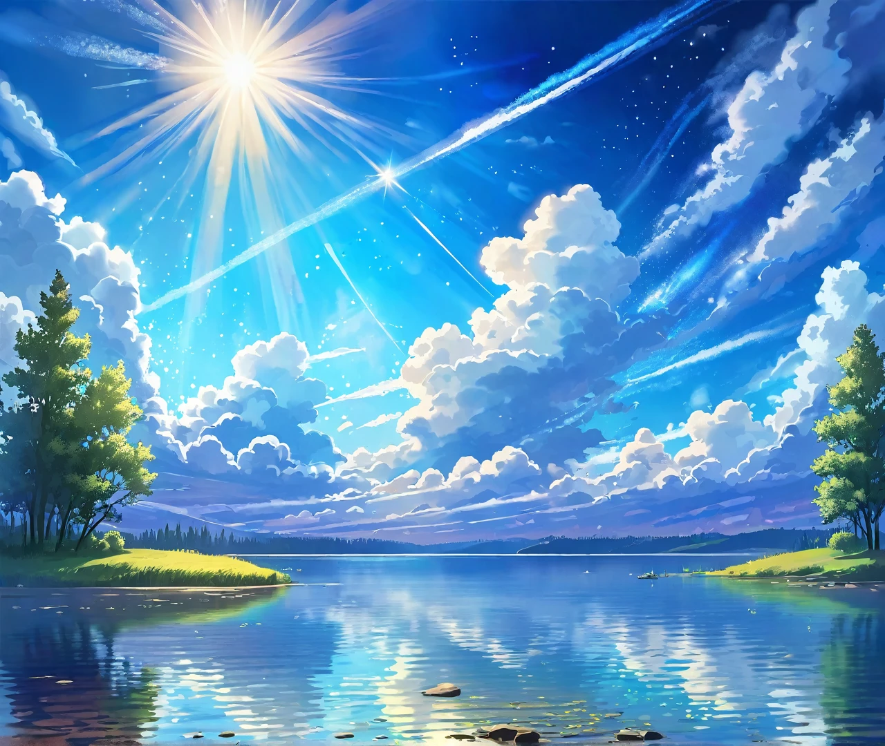 a beautiful, serene landscape with clouds drifting across a vivid blue sky, sun rays filtering through and reflecting on the calm waters of a lake below, shooting stars streaking across the sky in the distance, a captivating and breathtaking natural scene filled with vibrant colors and details