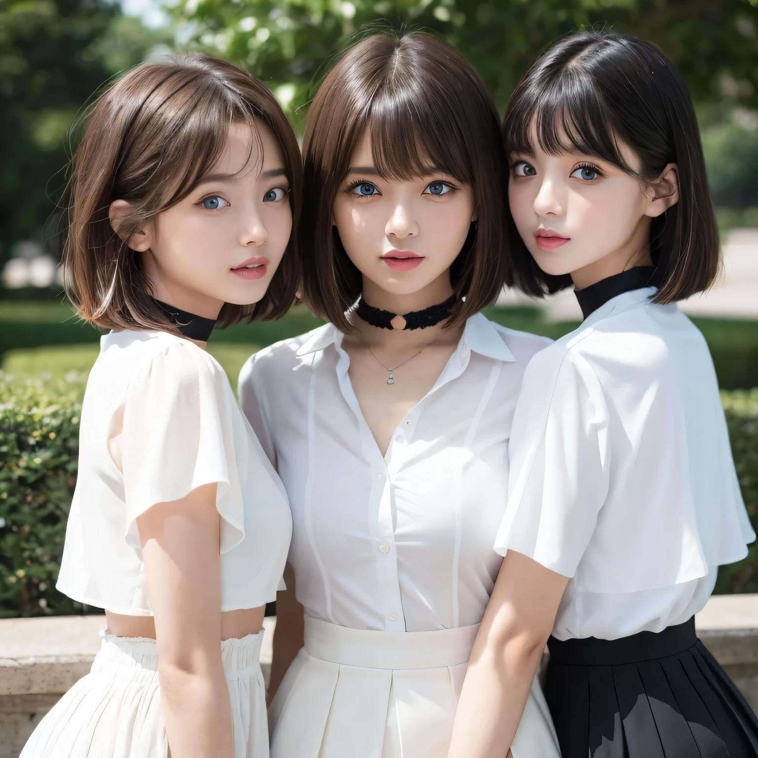 Group photo、((Layered Haircut)),（8K，Highest quality），Full Body Shot、uniform，class，White shirt、Wear a JK miniskirt，Full body photo:1.9， Android， Adorable， smile， Slim face, Slim body， Short Brown Hair， 32k, masterpiece， Best image quality，Ultra-high resolution，Perfect hands，Black Choker、blue eyes、bangs、Very numerous and very long eyelashes、Girls&#39; School、Lots of girls、((Big Breasts、とてもLarge Breastsの膨らみ)), Dependents, Large Breasts