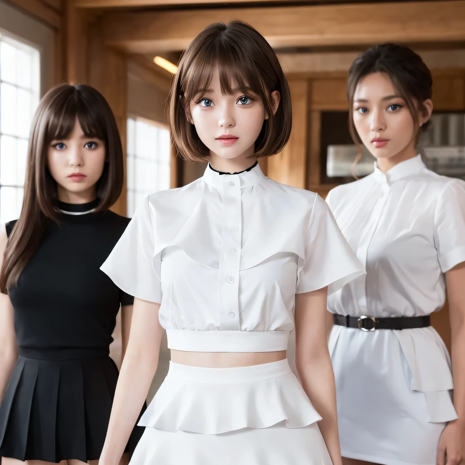 Group photo、((Layered Haircut)),（8K，Highest quality），Full Body Shot、uniform，class，White shirt、Wear a JK miniskirt，Full body photo:1.9， Android， Adorable， smile， Slim face, Slim body， Short Brown Hair， 32k, masterpiece， Best image quality，Ultra-high resolution，Perfect hands，Black Choker、blue eyes、bangs、Very numerous and very long eyelashes、Girls&#39; School、Lots of girls、((Big Breasts:2、とてもLarge Breastsの膨らみ:2)), Dependents, Large Breasts