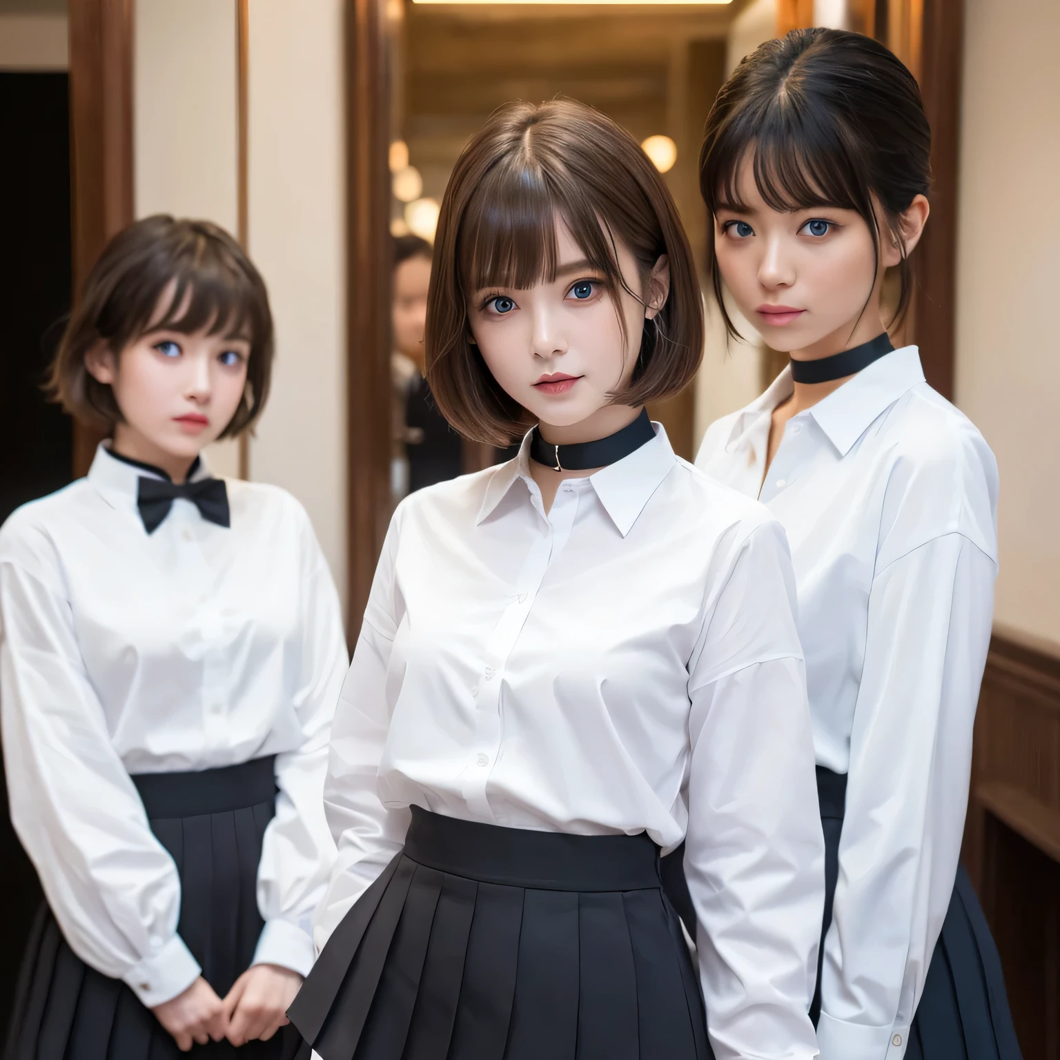 Group photo、((Layered Haircut)),（8K，Highest quality），Full Body Shot、uniform，class，White shirt、Wear a JK miniskirt，Full body photo:1.9， Android， Adorable， smile， Slim face, Slim body， Short Brown Hair， 32k, masterpiece， Best image quality，Ultra-high resolution，Perfect hands，Black Choker、blue eyes、bangs、Very numerous and very long eyelashes、Girls&#39; School、Lots of girls、((Big Breasts、とてもLarge Breastsの膨らみ)), Dependents, Large Breasts